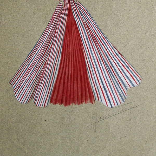 Jean Desses - Dessin d'une robe du soir bleu, blanc, rouge, circa 1940