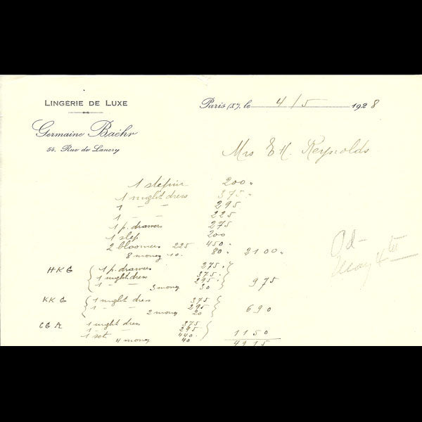 Facture de la maison Germaine Baehr, 55 rue de Lancry à Paris (1928)
