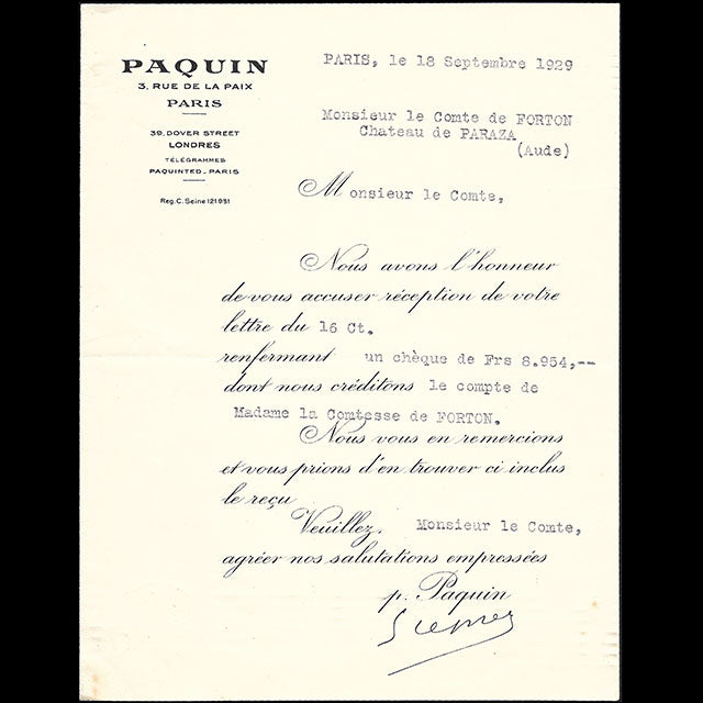 Paquin - Reçu de la maison de couture, 3 rue de la Paix (1928)
