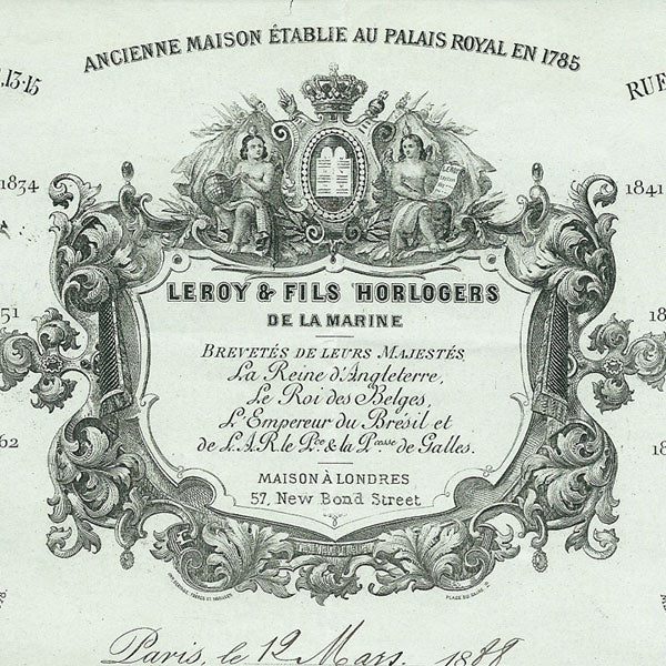 Facture de la maison Leroy et Fils, horlogers de la marine, galerie Montpensier au Palais Royal à Paris (1888)