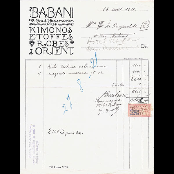 Babani - Facture de la maison Babani, 98 boulevard Haussmann à Paris (1921)