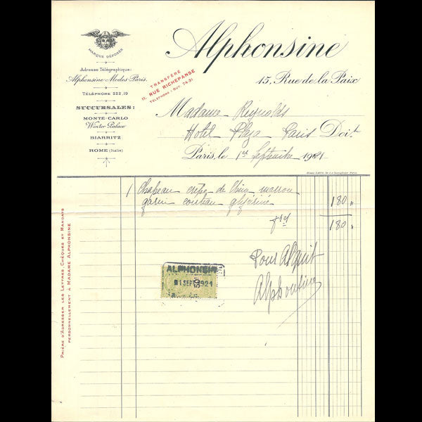 Facture de la maison de modes Alphonsine, 15 rue de la Paix à Paris (1921)