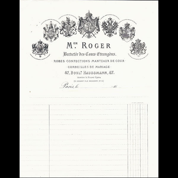 Mme Roger - Facture de la couturière boulevard Haussmann à Paris (circa 1870)