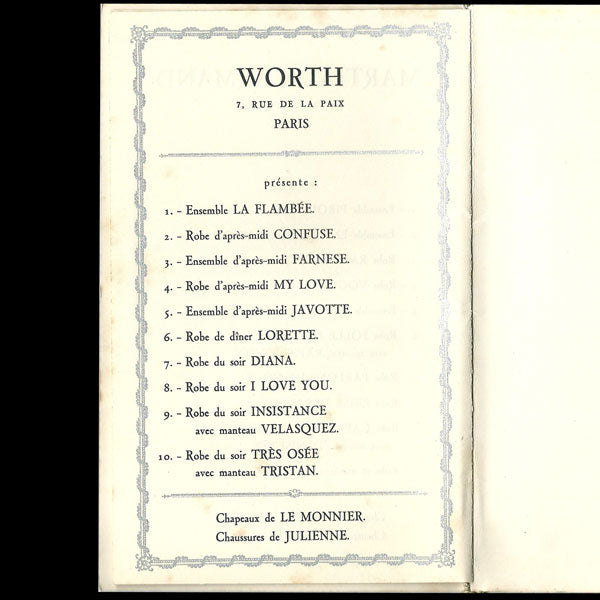 Programme du défilé de la Haute Couture Parisienne à Milan en mai 1928