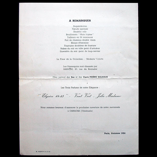 Balmain, programme de défilé, Collection Jolie Madame de France de l'Automne-Hiver 1954-1955