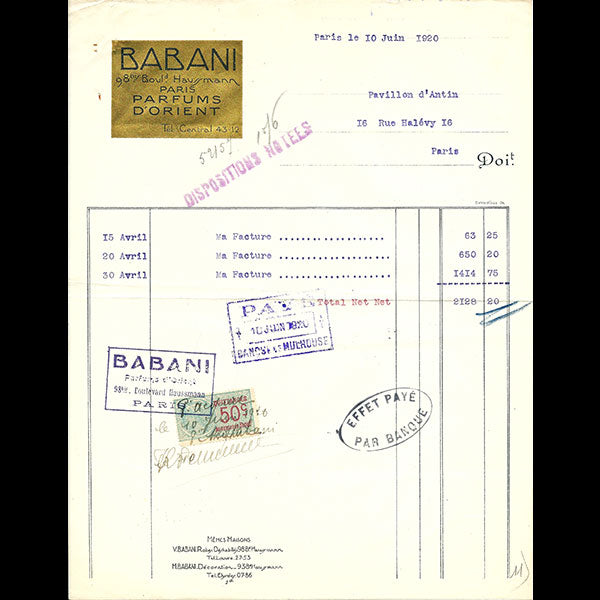 Babani - Facture de la maison Babani, 98 bis boulevard Haussmann à Paris (1920)