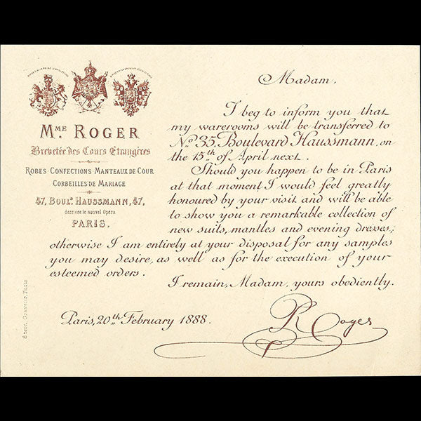 Mme Roger - Carte de la couturière, 47 boulevard Haussmann à Paris (1888)