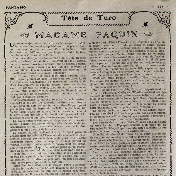Fantasio, 1er mars 1913, Jeanne Paquin, princesse de la couture