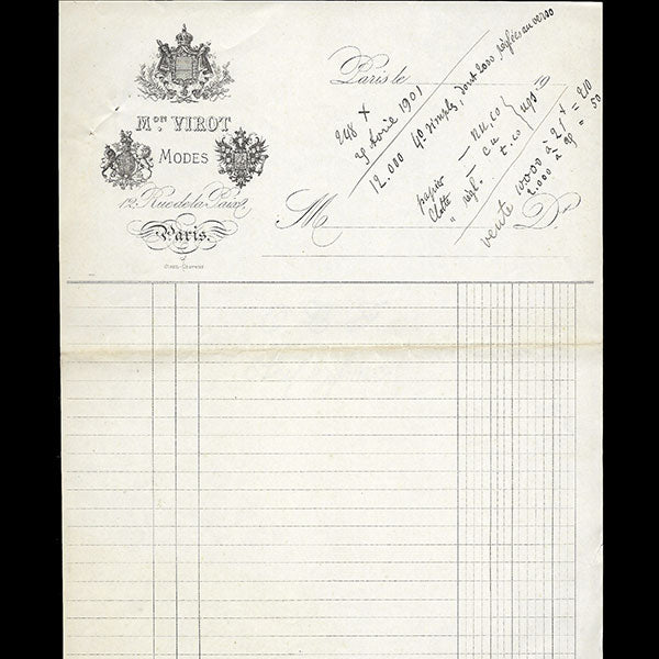 Facture de la maison de modes Virot, 12 rue de la Paix à Paris (1901)
