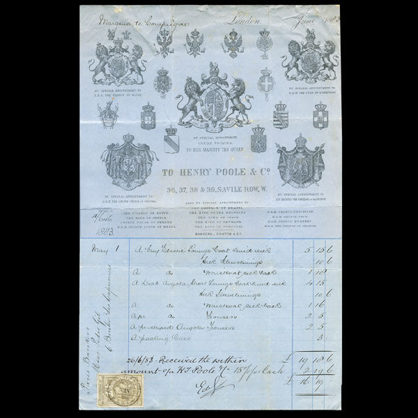 Henry Poole and co - Facture du tailleur, 36, 37, 38, 39 Saville Row à Londres (1883)