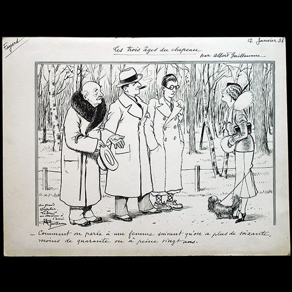 Albert Guillaume - Les trois âges du chapeau, dessin avec envoi au chapelier Léon (1933)