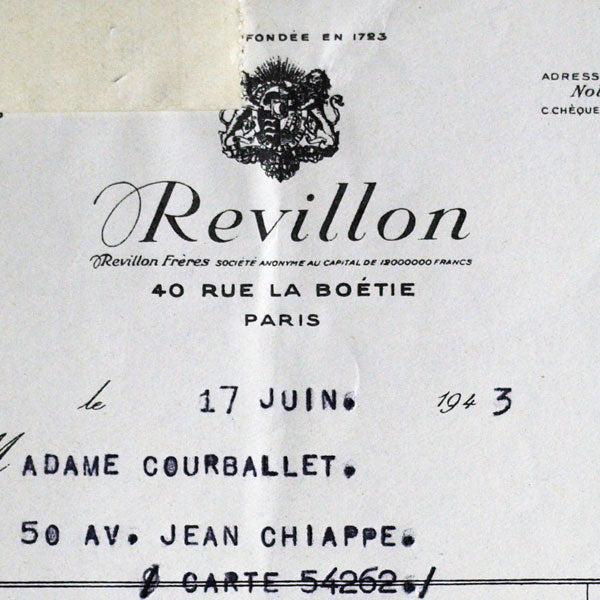 Facture de la maison de fourrures Revillon, 40 rue de la Boétie à Paris (1943)