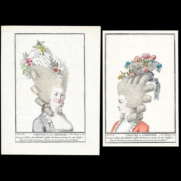 Depain - Coeffure à la Thevenet, Coeffure à l'Indienne, deux gravures de la suite de coiffures Au Beau Sexe (circa 1777)