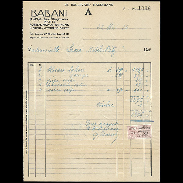 Babani - Facture de la maison Babani, 98 boulevard Haussmann à Paris (1924)