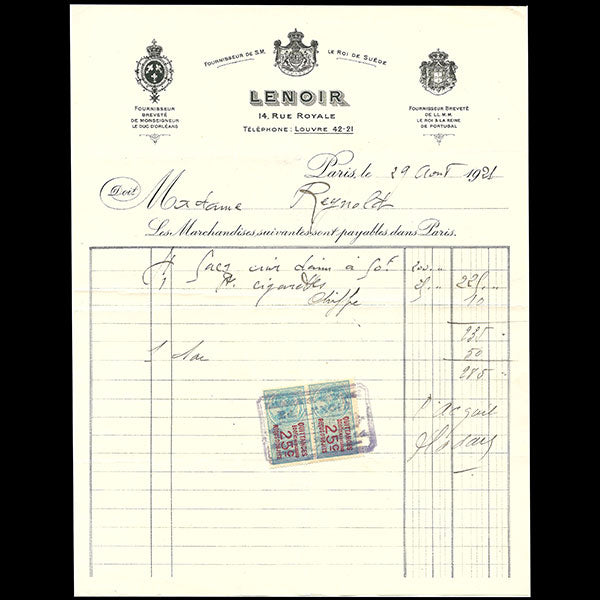 Facture de la maison Lenoir, 14 rue Royale à Paris (1921)