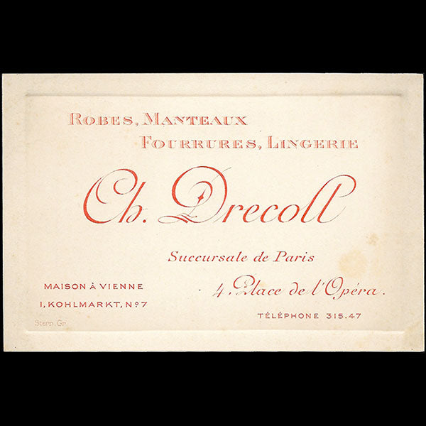 Drecoll - Carte de la maison de couture, 4 place de l'Opéra à Paris (circa 1910)