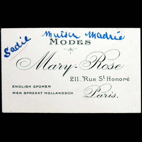 Carte de la maison de modes Mary Rose, 211 rue Saint-Honoré à Paris
