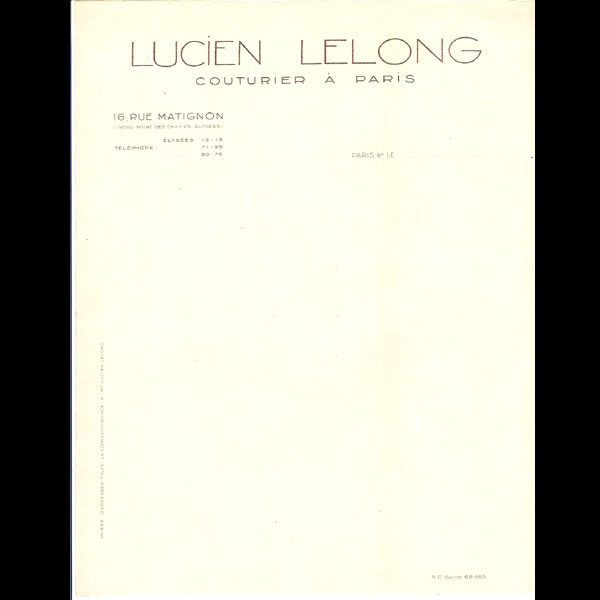 Papier à en-tête de la maison Lucien Lelong (circa 1925)