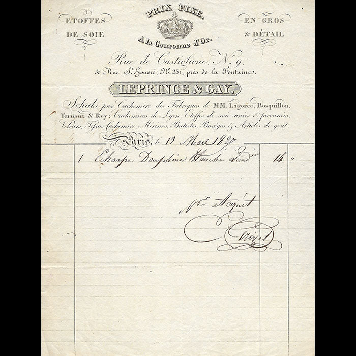 A la Couronne d'or, Le Prince & Gay - Facture du magasin d'étoffes, Rue de Castiglione à Paris (1827)