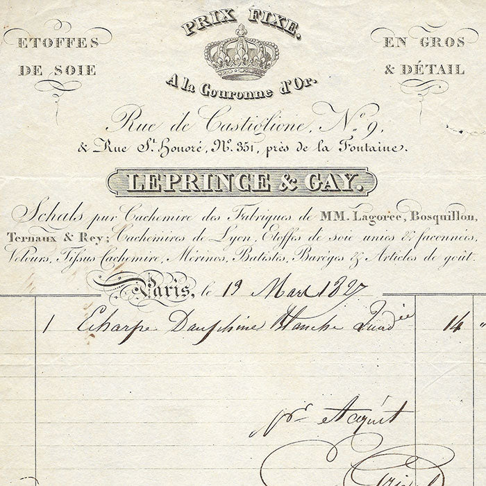 A la Couronne d'or, Le Prince & Gay - Facture du magasin d'étoffes, Rue de Castiglione à Paris (1827)
