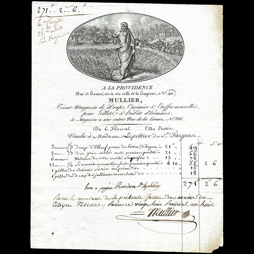 A la Providence - Facture du magasin de draps, casimirs et étoffes nouvelles, rue St Honoré à Paris (1800)