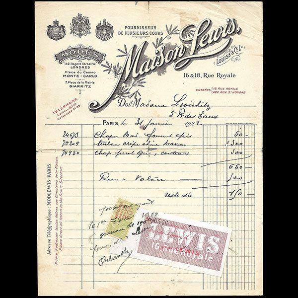 Lewis - Facture de la maison de modes, 16 & 18 rue Royale à Paris (1922)