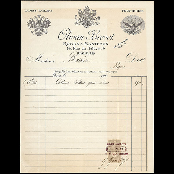 Olivan-Brevet - Facture de la maison de couture, 14 rue du Helder à Paris (1906)