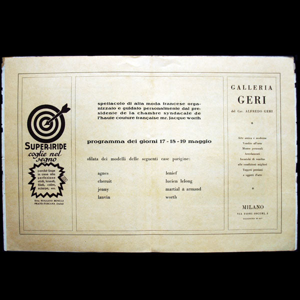 Programme du défilé de la Haute Couture Parisienne à Milan en mai 1928