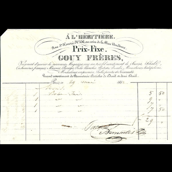Facture du magasin de tissus A l'Héritière, Gouy Frères, 356 rue Saint-Honoré à Paris (1832)