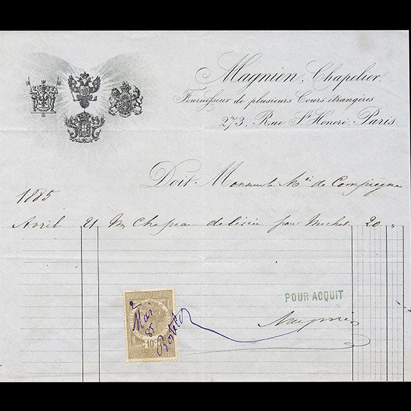 Facture du chapelier Magnien, 273 rue Saint Honoré à Paris (1885)