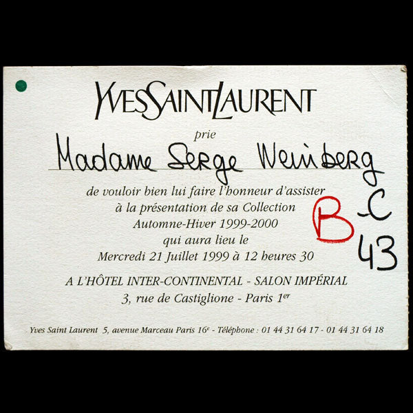 Carton d'invitation au défilé Yves Saint-Laurent du 21 juillet 1999, collection Automne-Hiver 1999-2000