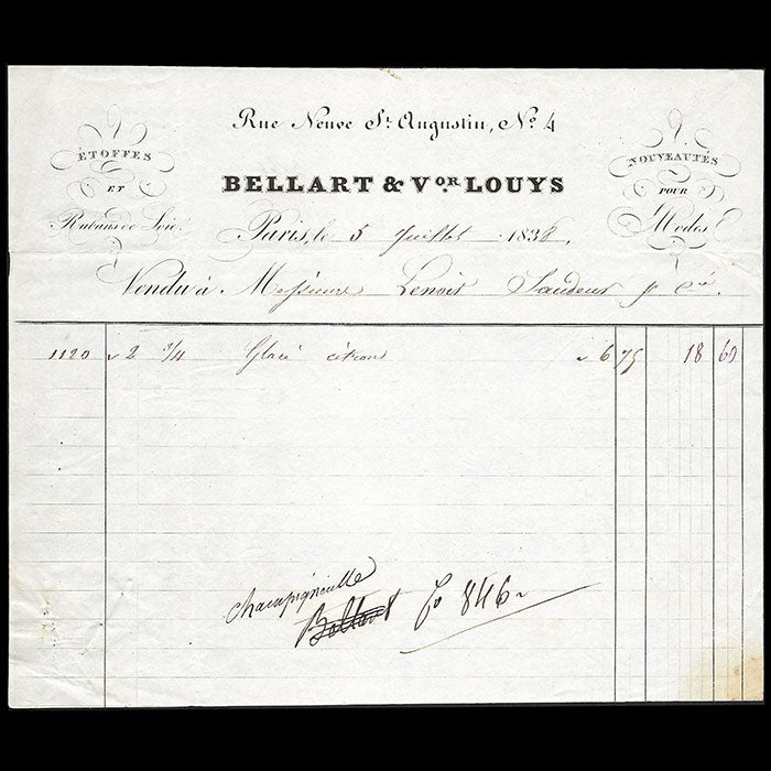 Bellart & Victor Louys - Facture du magasin d'étoffes, Rue Neuve Saint-Augustin à Paris (1838)