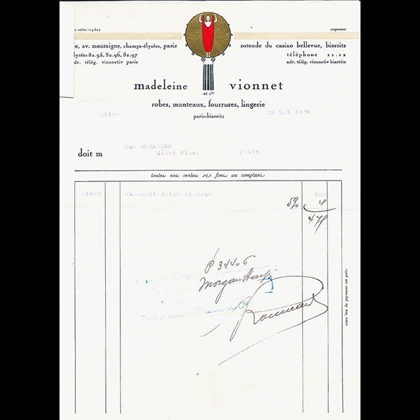 Vionnet - Facture, 50 avenue Montaigne à Paris (20 mai 1926)