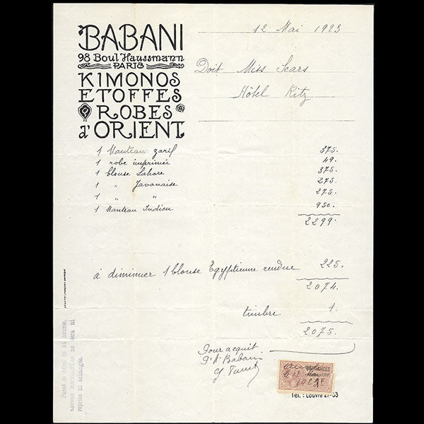 Babani - Facture de la maison Babani, 98 boulevard Haussmann à Paris (1923)