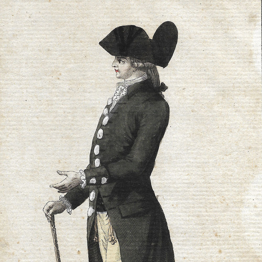 Cabinet des modes, 4ème cahier, planche 2 - Homme en (1er janvier 1786)