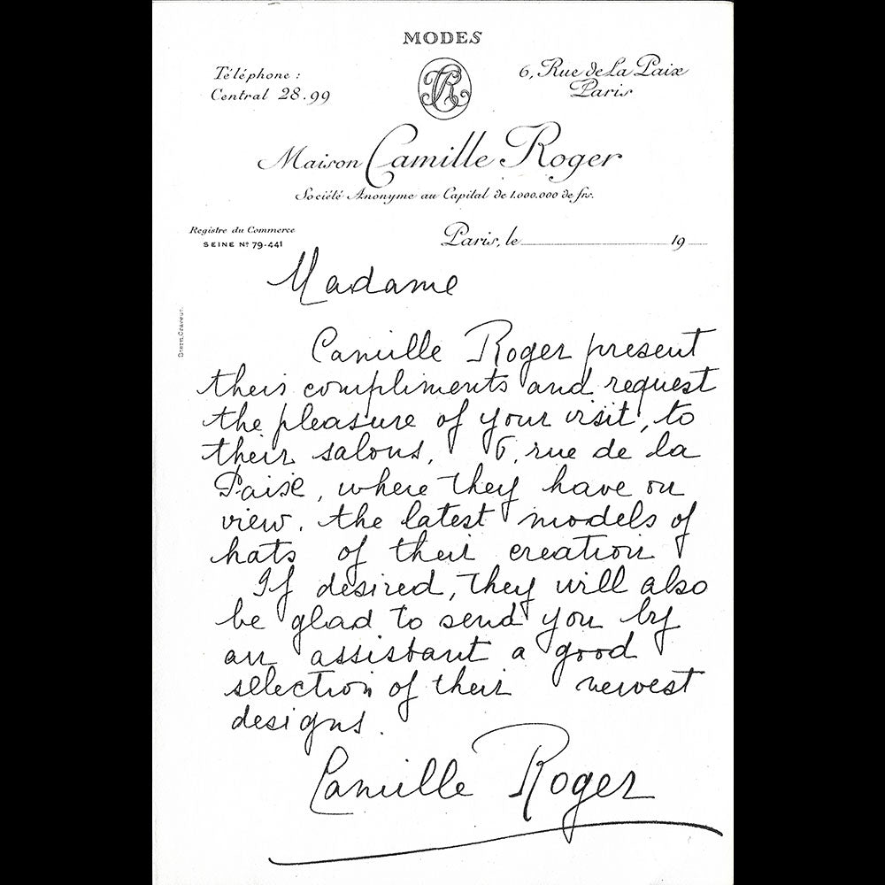 Camille Roger - Invitation de la modiste, 6 rue de la Paix à Paris (circa 1910s)