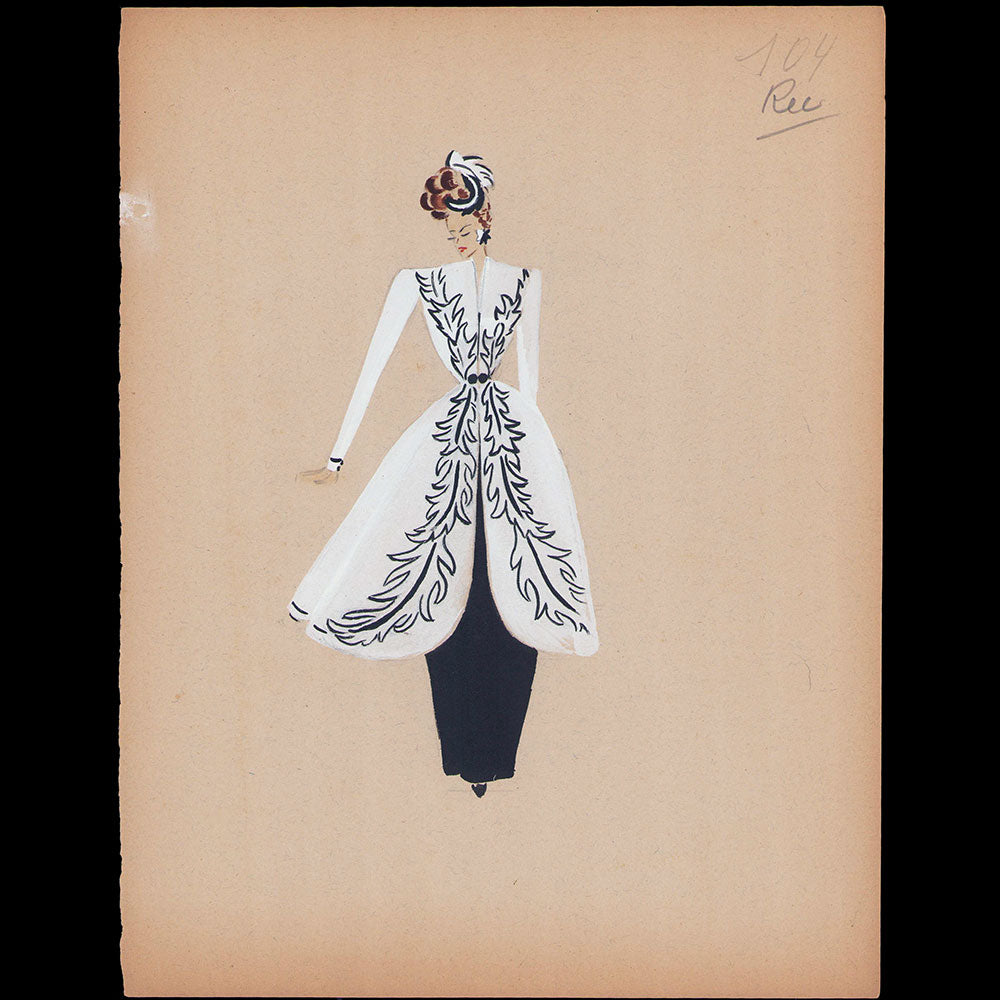 Croquis de mode - Manteau blanc brodé (1940s)