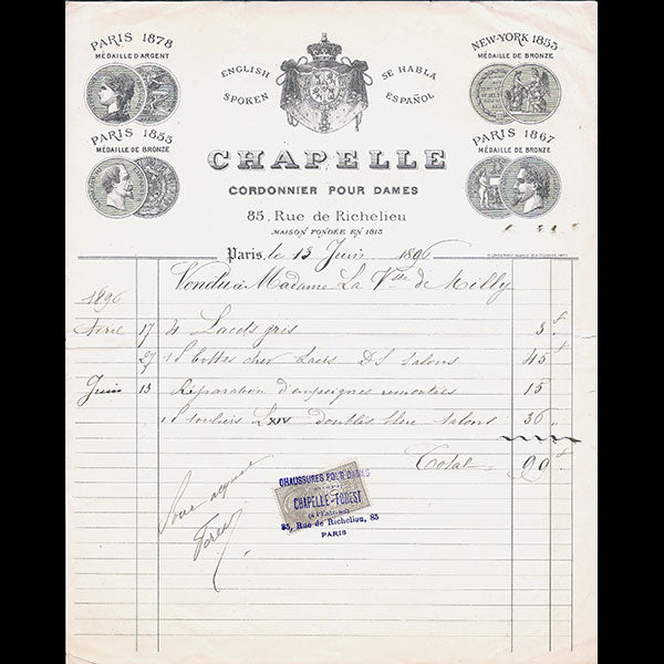 Facture de la maison Chapelle, cordonnier pour dames, 85 rue de Richelieu à Paris (1896)