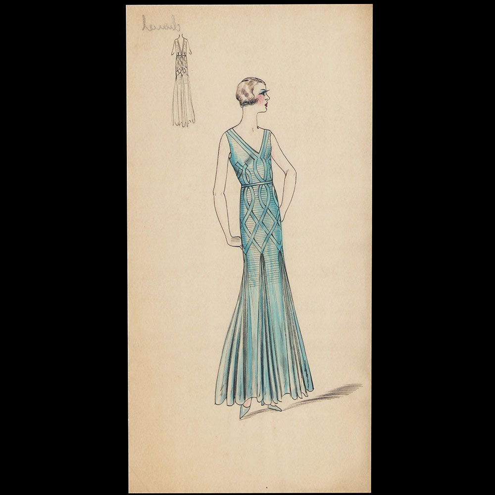 Set of 9 fashion drawings from Parisian couture houses (c.1930)