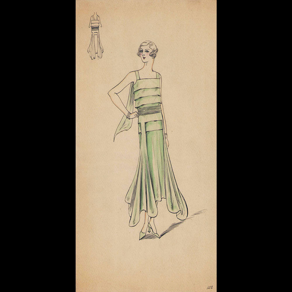 Set of 9 fashion drawings from Parisian couture houses (c.1930)