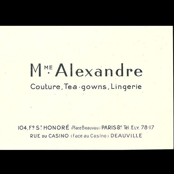 Carton de visite de la maison Madame Alexandre, 104 faubourg Saint Honoré à Paris (circa 1930)