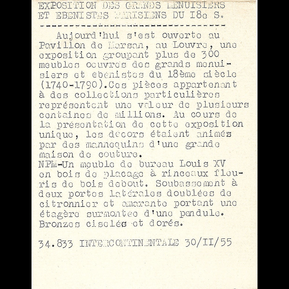 Christian Dior - Robe présentée à l'exposition menuisiers et ébenistes parisiens du XVIIIème siècle (1955)