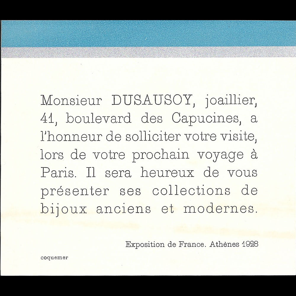 Dusausoy - Invitation de la maison de joaillerie, Exposition de France, Athènes (1928)