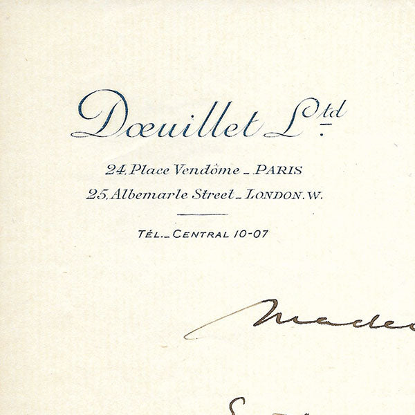 Doeuillet - Courrier relatif à une employée, 24 Place Vendôme, Paris (1918)