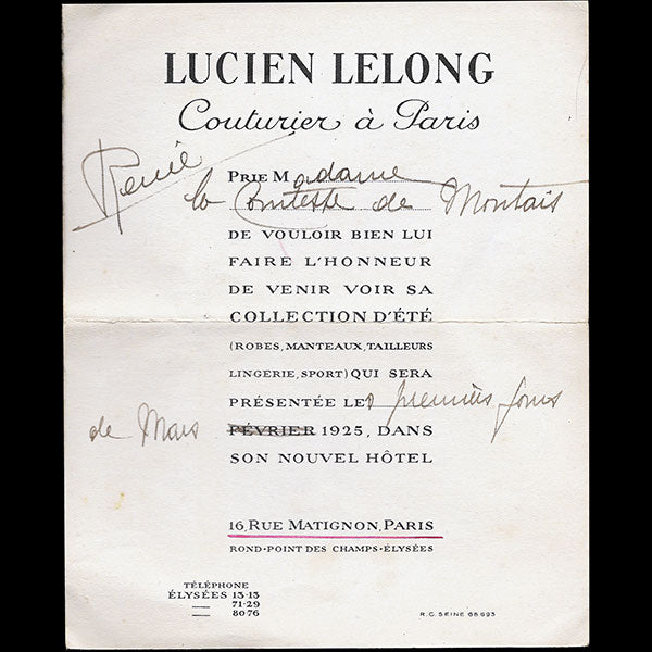 Lucien Lelong - Invitation à la présentation de la collection Eté 1925