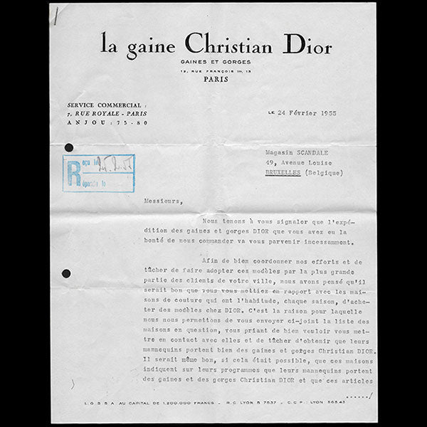Christian Dior - Lettre relative à la stratégie commerciale des gaines et gorges (1955)