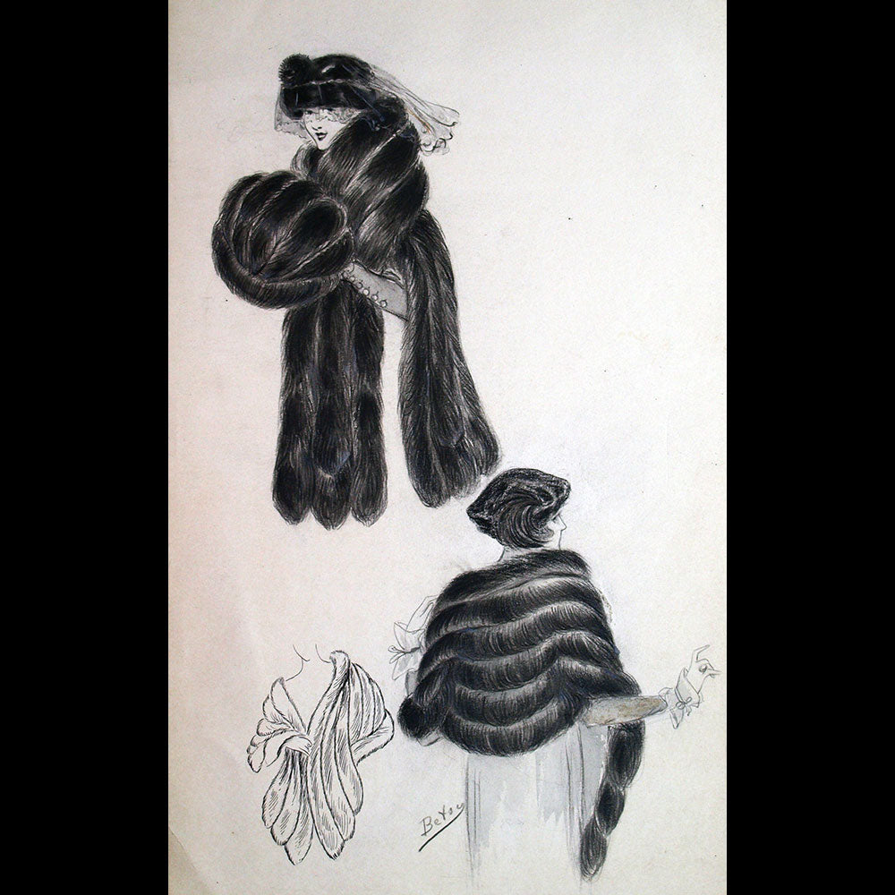 Fourrures Max - Dessin d'une cape et d'un manchon de fourrure par Betsy (circa 1915-1920)