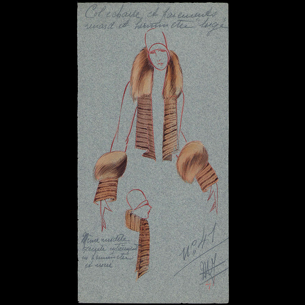 Fourrures Max - Dessin d'un col et de parements en renard et hermine (circa 1925-1930)