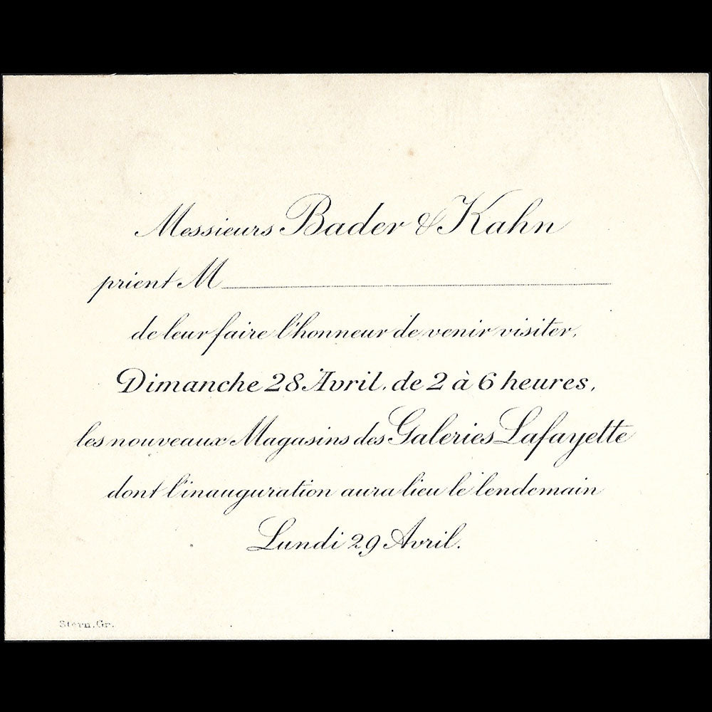 Galerie Lafayette - Invitation de MM. Bader & Kahn à une visite pré-inaugurale (1927)