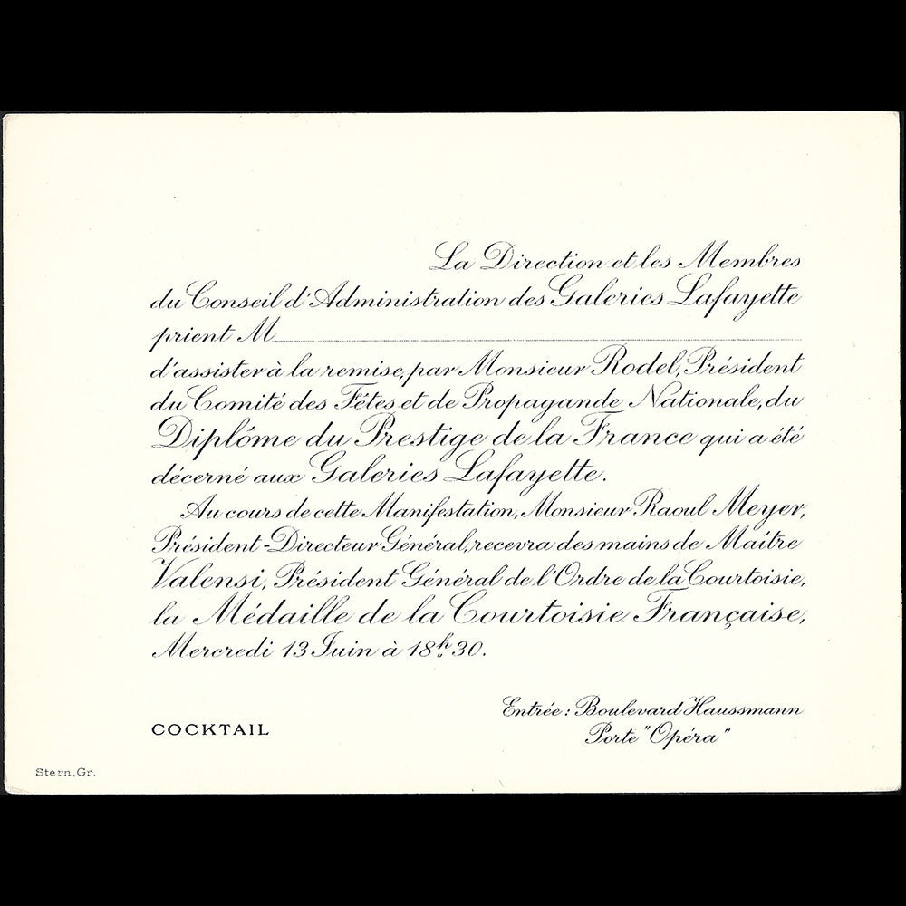 Galerie Lafayette - Invitation à la remise du diplôme du Prestige de la France (1956)